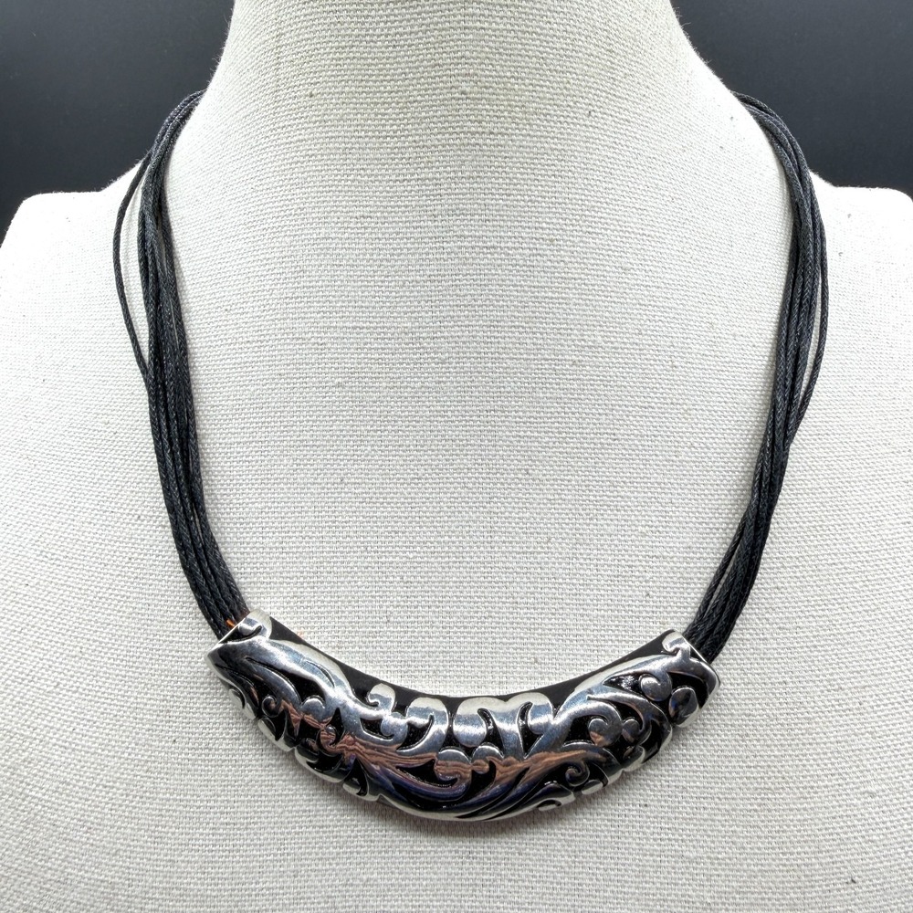 Black Multi Strand Necklace Silver Tone Scrollwork Curved Bar Boho Statement